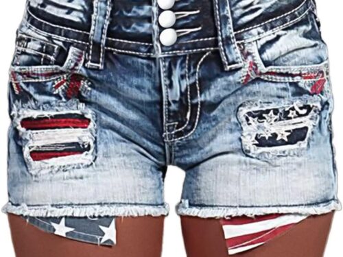 Women High Waist American Flag Button Fly Raw Hem Denim Shorts