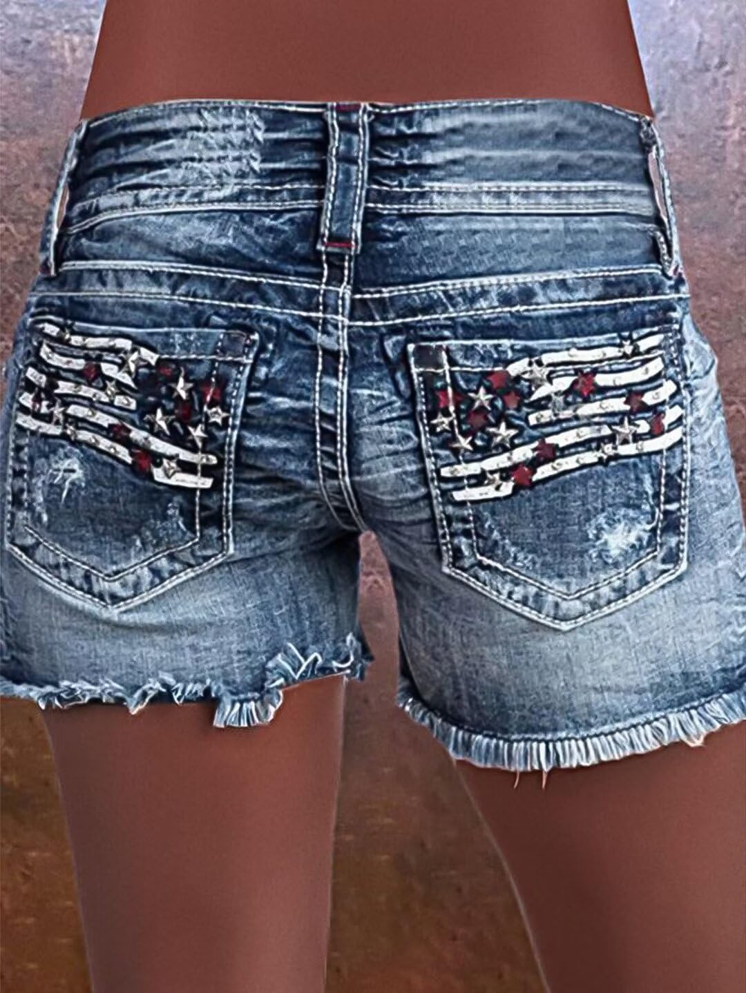 Flamingals Distressed Jean Shorts for Women High Waist American Flag Button Fly Raw Hem Denim Shorts