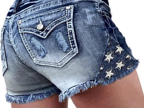 Women Ripped Denim Low Waist Distressed Raw Hem Skinny Stretchy Shorts