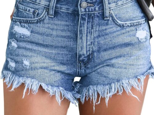 Womens Jean Shorts Mid-Rise Frayed Raw Hemline Ripped Denim Short Jeans