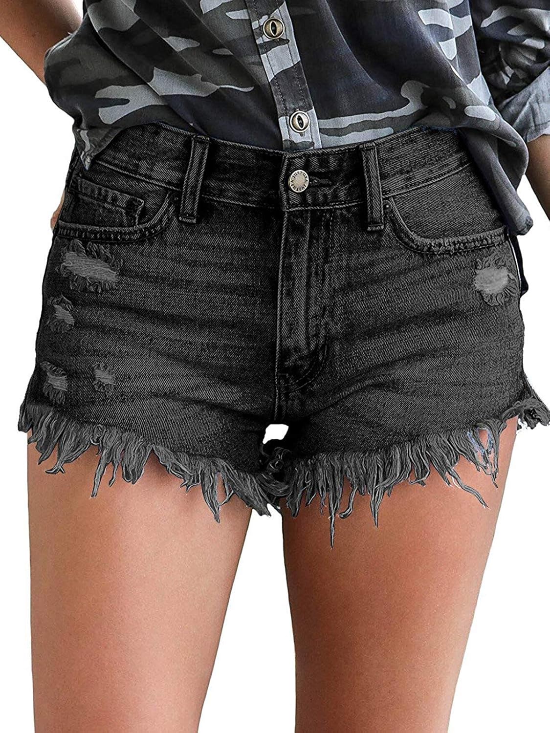 Govc Womens Jean Shorts Mid-Rise Frayed Raw Hemline Ripped Denim Short Jeans