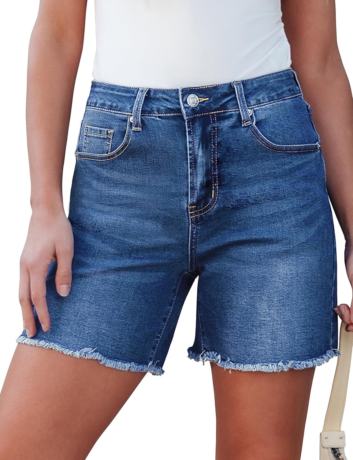 luvamia FleXclusive Jean Shorts for Women Trendy High Waisted Stretchy Denim Summer Raw Hem Mom Long Shorts Cutoff Jorts