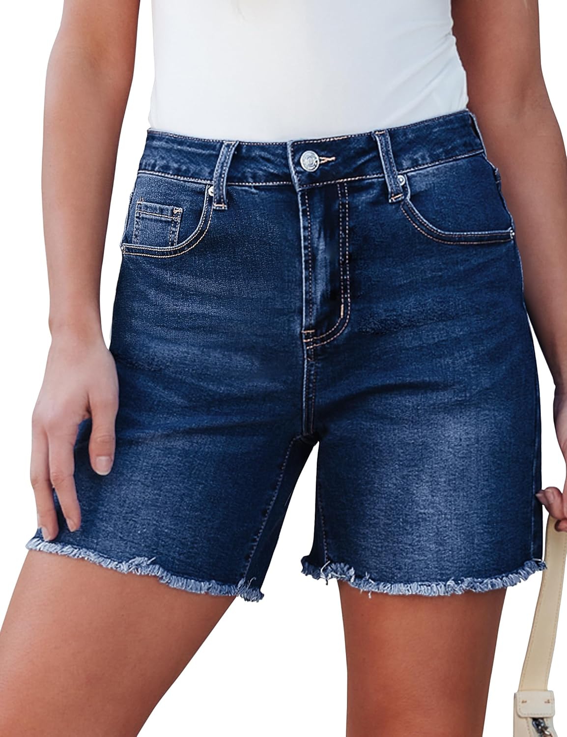 luvamia FleXclusive Jean Shorts for Women Trendy High Waisted Stretchy Denim Summer Raw Hem Mom Long Shorts Cutoff Jorts