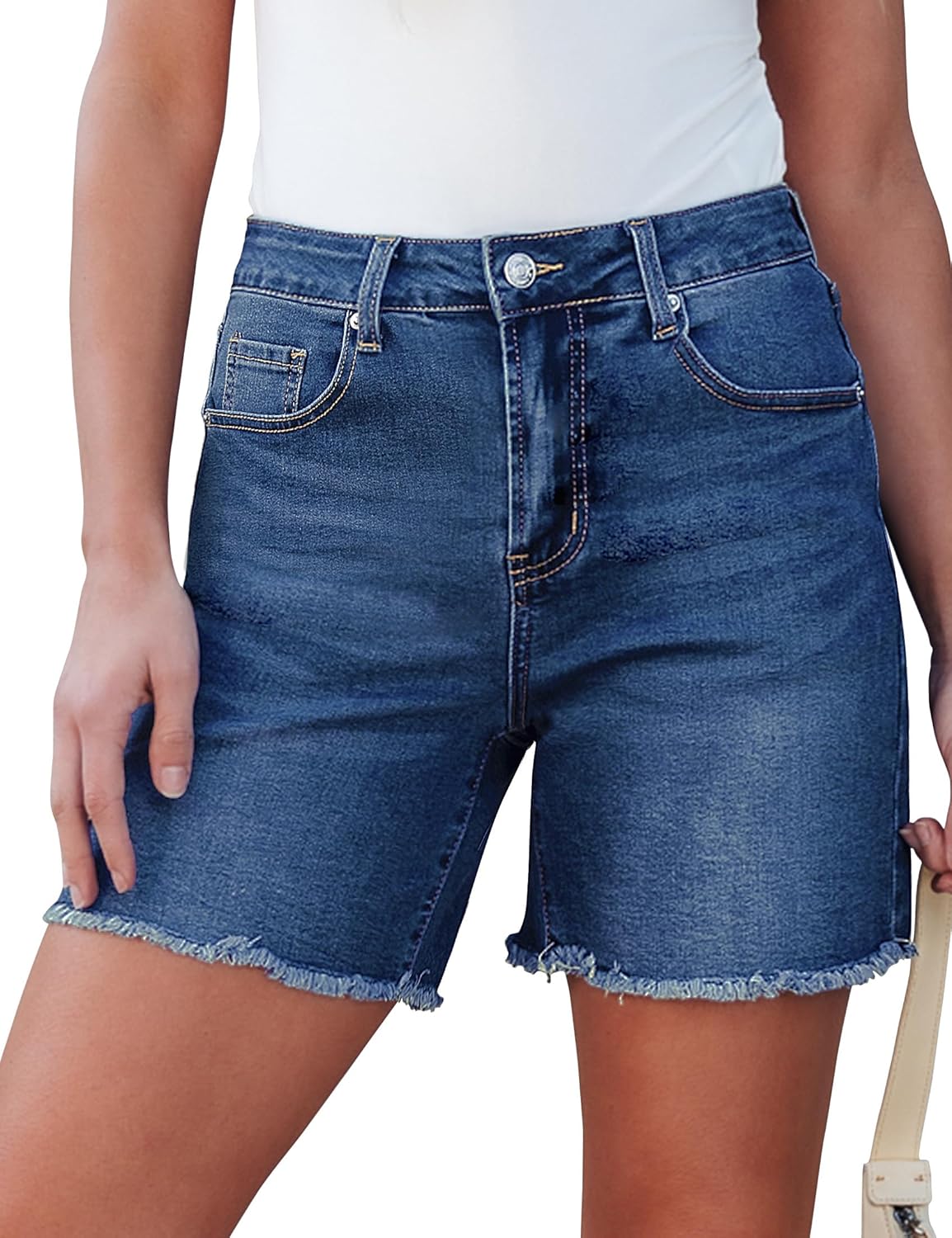 luvamia FleXclusive Jean Shorts for Women Trendy High Waisted Stretchy Denim Summer Raw Hem Mom Long Shorts Cutoff Jorts