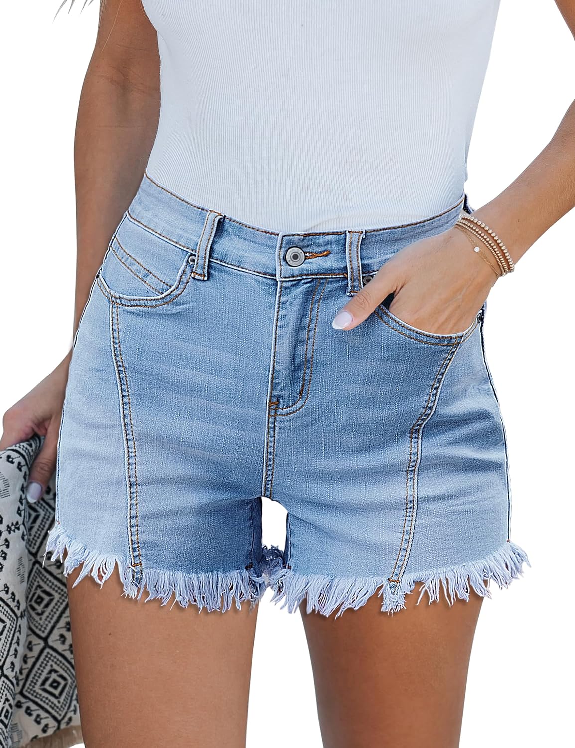 luvamia Jean Shorts for Women Trendy High Waisted Seamed Front Stretchy Denim Shorts Cut Off Frayed Hem Casual Summer