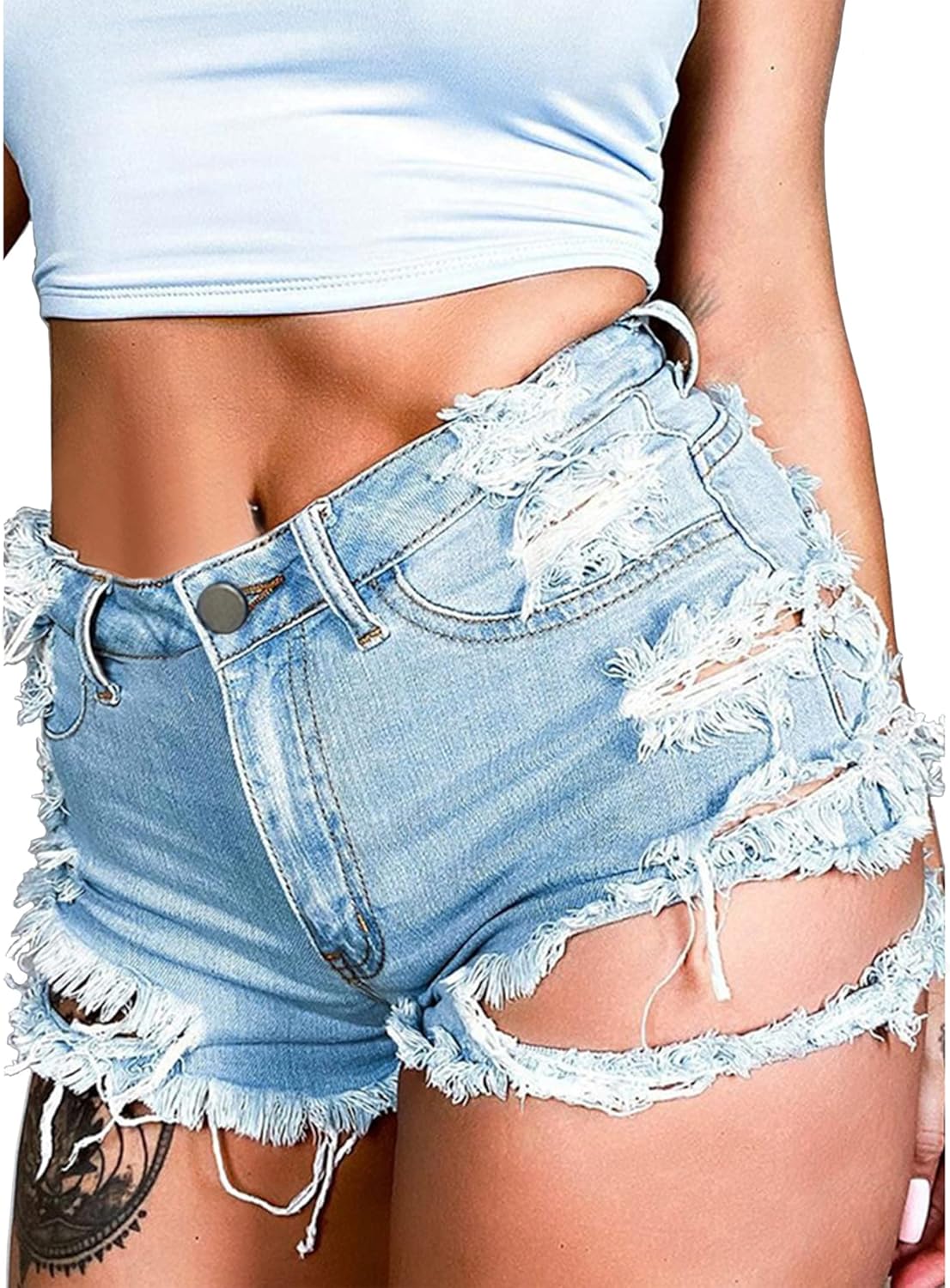 Susupeng Women Summer Irregular Waist Jean Shorts with Pockets Frayed Ripped Holes Cute Sexy Hot Mini Denim Shorts