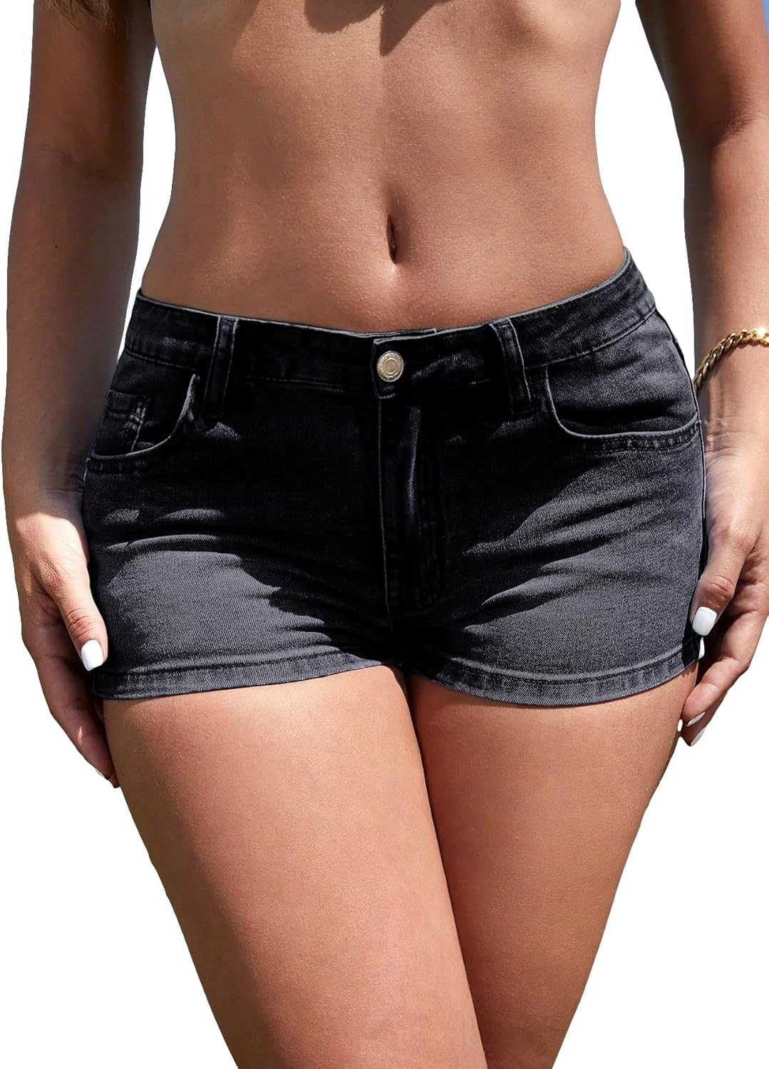 WDIRARA Women's Low Waist Button Skinny Denim Shorts Streetwear Stretch Shorts
