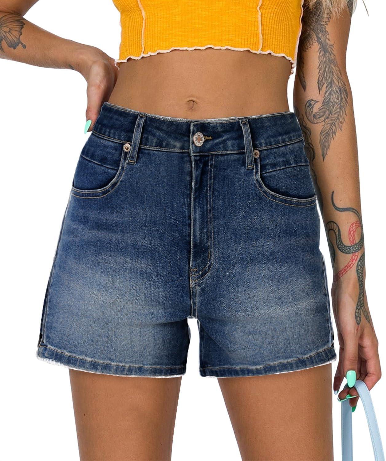 ZOLUCKY Women's Casual Summer Denim Shorts Mid Waisted Stretchy Ripped Jean Shorts with Pockets